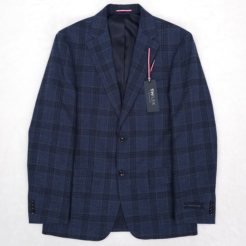Tommy Hilfiger Mens Modern Fit Sport Coat Blazer 48R Navy Brown Plaid Stretch